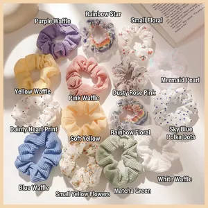 Assorted colorful Korean style scrunchies set with organza and waffle knit textures