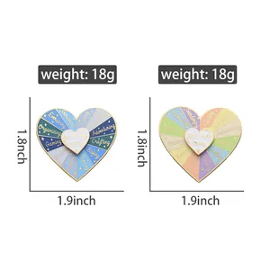 Detailed size specifications for rainbow heart enamel pin, 1.8 by 1.9 inches