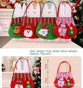 Detail of Christmas gift bags showing Santa, Snowman, and Bear designs with dimensions