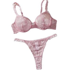 Pink lace embroidery bra and thong set with sheer floral patterns and ruffle details