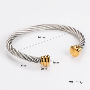 Retro stainless steel twisted wire cuff bracelet in two-tone silver and gold finish