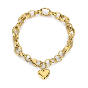 Gold-plated stainless steel chain bracelet with smooth heart charm and lobster clasp