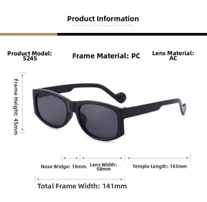 Measurement detail of black square sunglasses with PC frame and AC lens dimensions