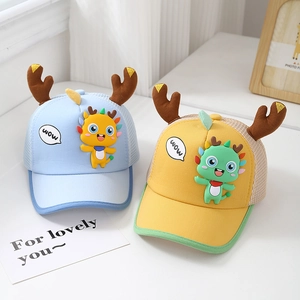 Kids breathable mesh baseball cap with deer horns and cartoon dragon for summer