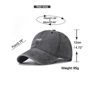 Detailed size chart showing adjustable strap, brim length, and height for Chill baseball cap