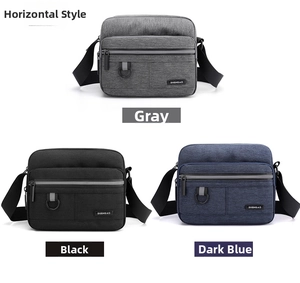 Three men's oxford crossbody bags shown in grey, black, and navy blue with waterproof zippers