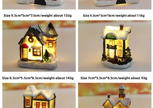 Detailed views of LED resin Christmas village houses with dimensions and white snow texture