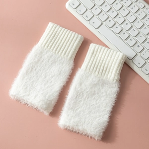 Winter plush fingerless gloves for women in white faux fur with knitted wrist cuffs