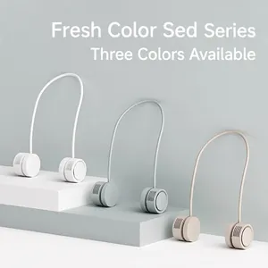 Portable neck fan in white, blue, and beige colors with a flexible bladeless design