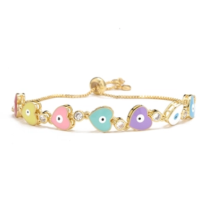 18K gold plated bracelet featuring colorful enamel hearts and evil eye cubic zirconia