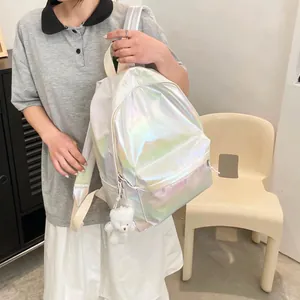 Iridescent laser cartoon backpack for couples with silver reflective finish and plush bear