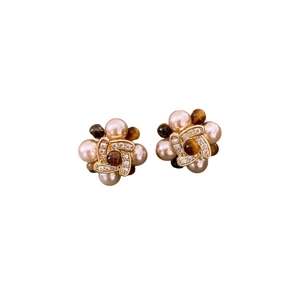 Vintage gold plated floral stud earrings with pearls, zircons and tiger eye stones