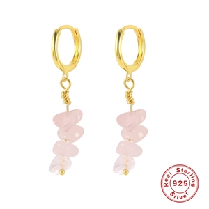 S925 Sterling Silver drop earrings with pink irregular stones and gold-plated hoops