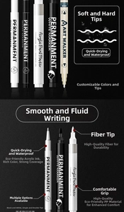 Detail view of fiber nibs and PP barrel on waterproof white acrylic paint markers