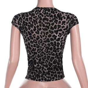 Detail view of back side mesh leopard print short sleeve top on a display mannequin