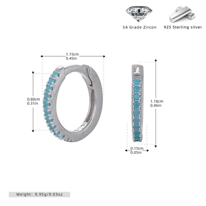 Detailed size chart of S925 sterling silver huggie earrings with blue round stones