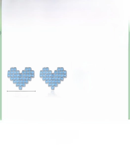 Detailed view of 11mm pixel heart earrings in S925 silver with blue zircon stones