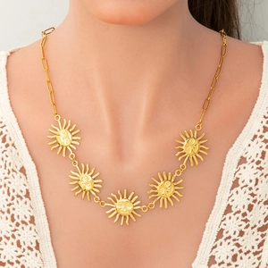 Sun Face Pendant Necklace Bracelet Stainless Steel 18K Gold Plated Vintage Bohemian Style Jewelry With Artificial Pearl