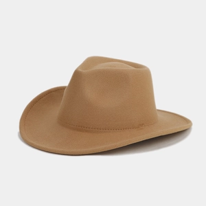 Detail view of the khaki wool felt Panama hat with wide brim and structured crown