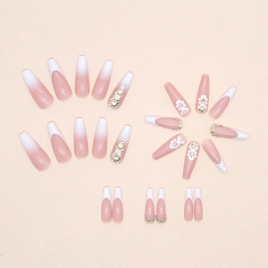 French gradient ballerina press-on nails with white flowers and sparkling rhinestones