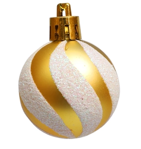 Detail of golden Christmas ball with white glitter stripes and gold hanging cap