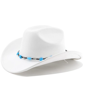 Detailed view of white felt cowboy hat with blue beaded black braided ethnic band