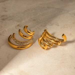 18k gold plated stainless steel four-layer C-shape earrings with white rhinestones