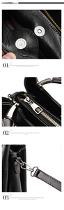 Detail view of magnetic closure, metal zipper, and detachable hooks on black leather bag