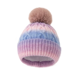 Rainbow gradient knit beanie with faux fur pom and thick fleece lining for winter warmth