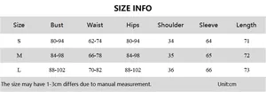 Detailed size chart for printed backless bodysuit with chest, waist, and hip measurements