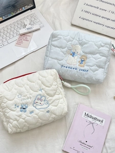 Quilted heart embroidery cartoon cosmetic bags in light blue and beige with sheep and rabbit