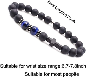 Detailed size guide for 8mm matte agate and tiger eye stone beaded cross bracelet
