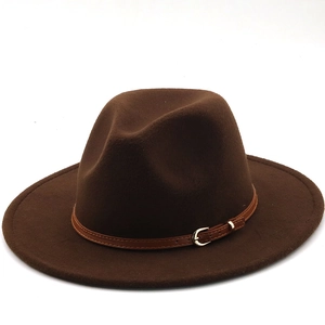 Detailed top view of dark brown wool fedora hat with premium leather buckle strap belt