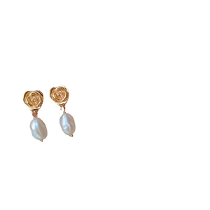 Elegant gold rose stud earrings with natural freshwater pearl drops for women