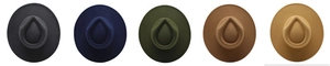 Top view of classic wool fedora hats in black, navy, dark green, brown and khaki