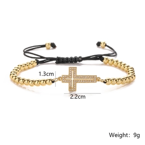 Adjustable 18K gold-plated beaded cross bracelet with cubic zirconia and dimension labels