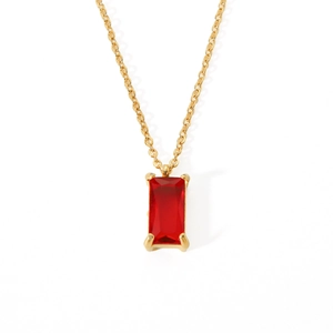 Detail of 18K gold stainless steel necklace with a red rectangular zircon pendant