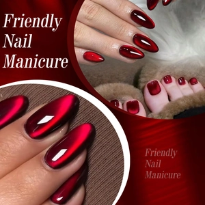 Deep red cat eye nail polish with metallic ruby gloss on long and short nails