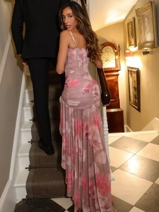 Pink floral print evening gown with corset bodice, pleated details, and a floor-length slit