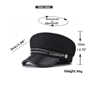 Detailed size chart for black baker boy hat with silver chains and PU leather brim