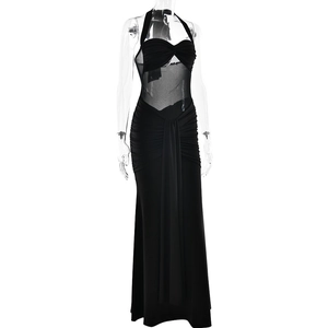 Detail of ruched black evening dress featuring halter neck, cutout chest and long ribbons