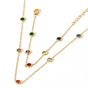 Gold stainless steel necklace featuring multi-colored round cubic zirconia charms