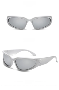 Detailed front and 45-degree angle view of futuristic silver wrap-around sunglasses