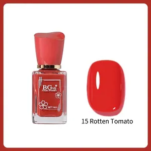 Close-up of BGve 14ml nail polish in shade 15 Rotten Tomato with orange-red swatch