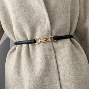 Women Minimalist Skinny Faux Leather Belt With Alloy Interlocking Buckle Adjustable Fashion Thin Waist Belt For Dresses Sweaters