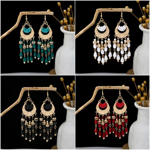 Bohemian Tassel Drop Earrings For Women Ethnic Vintage Alloy Hollow Moon Disc Multi Layer Beads Long Dangle