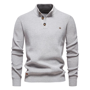 Men's light grey ribbed knit sweater featuring a stylish stand collar and three-button placket
