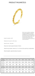 Size chart for S925 sterling silver ring showing inner diameter and finger circumference