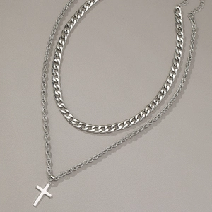 Men's double layer silver hip hop necklace with cross pendant and cuban link chain