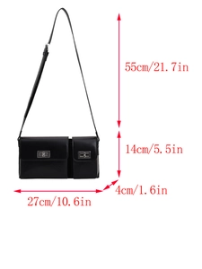 Detailed size chart for black baguette bag showing dimensions and adjustable strap length